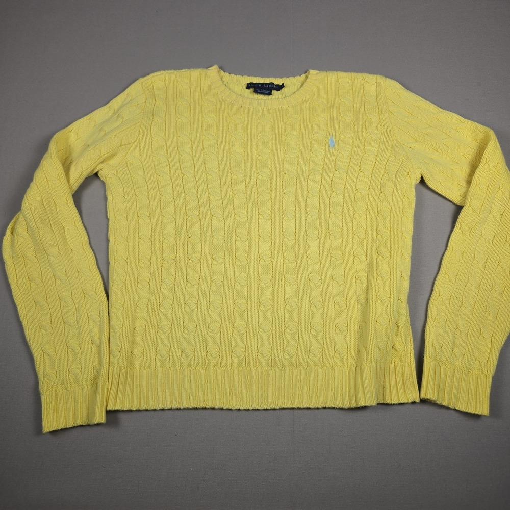 Ralph Lauren Cable Knit Crewneck Sweater Womens Large Lemon Yellow Cotton Preppy
